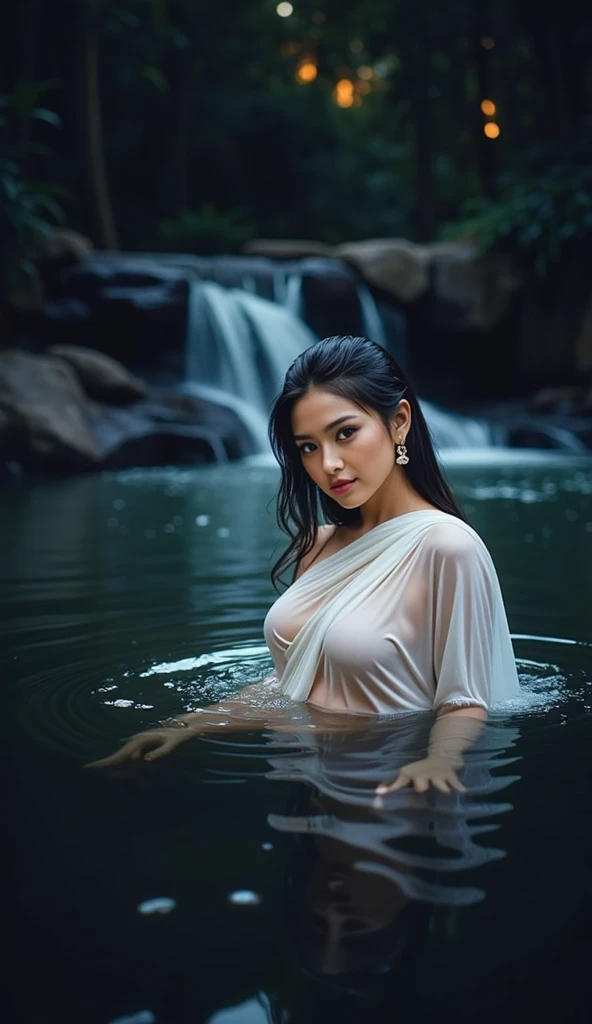 21yo girl, black hair, (bun hair). Wearing a black balinese kebaya, showing shoulders, cleavage, showing big thighs, natural big breasts, sitting in a waterfall.