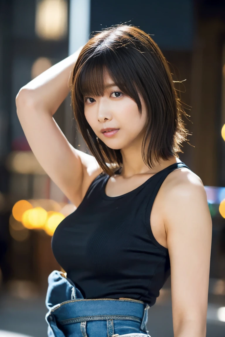 ((highest quality、8K、masterpiece:1.3))、full body esbian、sharp focus:1.2、perfect body beauty:1.4、slim abs:1.2、((dark brown hair、huge tit:1.2))、tank top dress:1.1、(Street style:1.1)、Highly detailed face and skin texture、detailed eyes、二重まぶた、Japanese softcore idol
