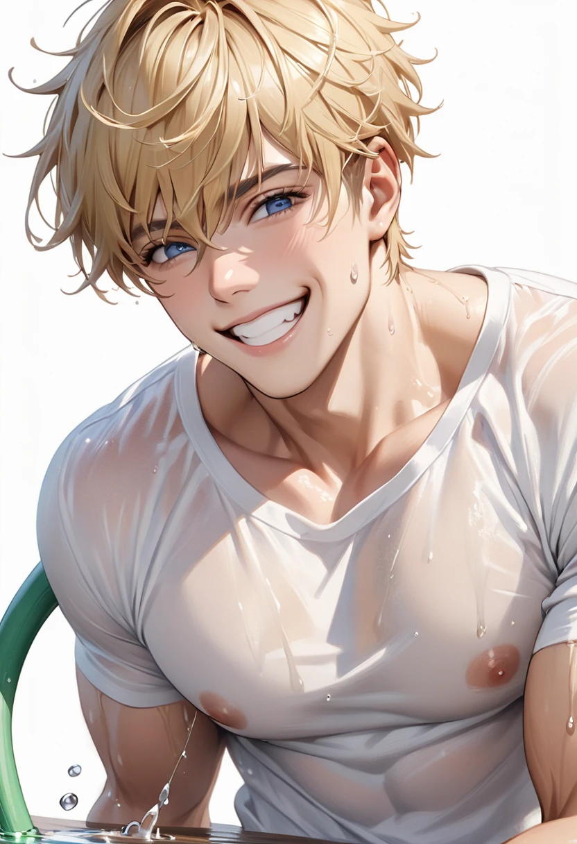 ultra-detailed, masterpiece, best quality, highres, extremely detailed, nsfw, (solo shoot:1.5), (1boy:1.5), man, (lean guy:1.5), short hair, work clothes, open shirt, bottomless, torn clothes, drunk, (restrained:1.5), shackles, gagged, (excessive cum on body:1.5), strobe lighting, spotlight, 
