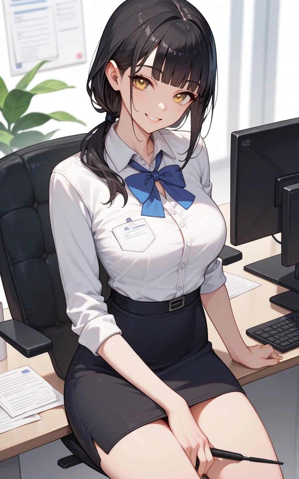 An office worker, she is putting a penis in her vagina. There is a man sitting and she is putting his penis in her vagina. She is putting his penis in the office worker&#39;s vagina. 