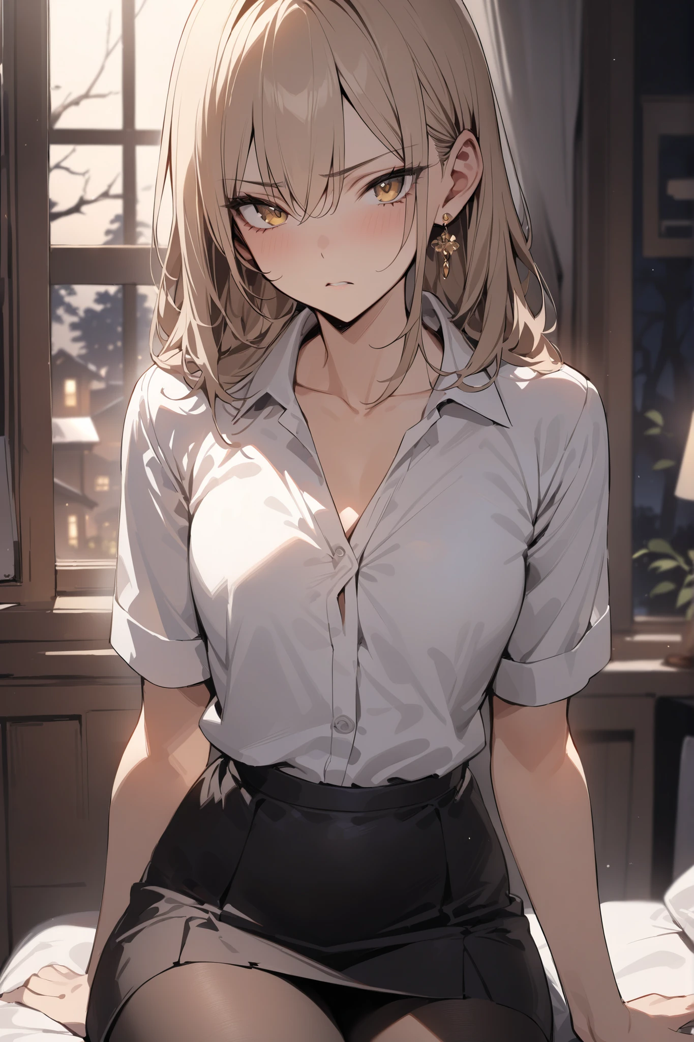 top-quality、supreme1People Girls,hightquality,A detailed face、A detailed eye、Detailed nose、Detailed mouth、 Beautiful expression, ((masuter piece)), ((High resolution)), ((Best Quality)), detail, (NSFW:1.4 ,With a disgusting face,Glaring at this), ((Skin shiny with sweat)), (shool uniform:1.2、Loose socks)、 girl with, a blond, (Half Twin Tail)、Sit at a desk and open your legs:1.3、fair white skin:1.3、、Smaller chest, cinmatic lighting, perfectly shaded,(((girl's own room))), Realistic lighting with shades,Reflecting the whole body