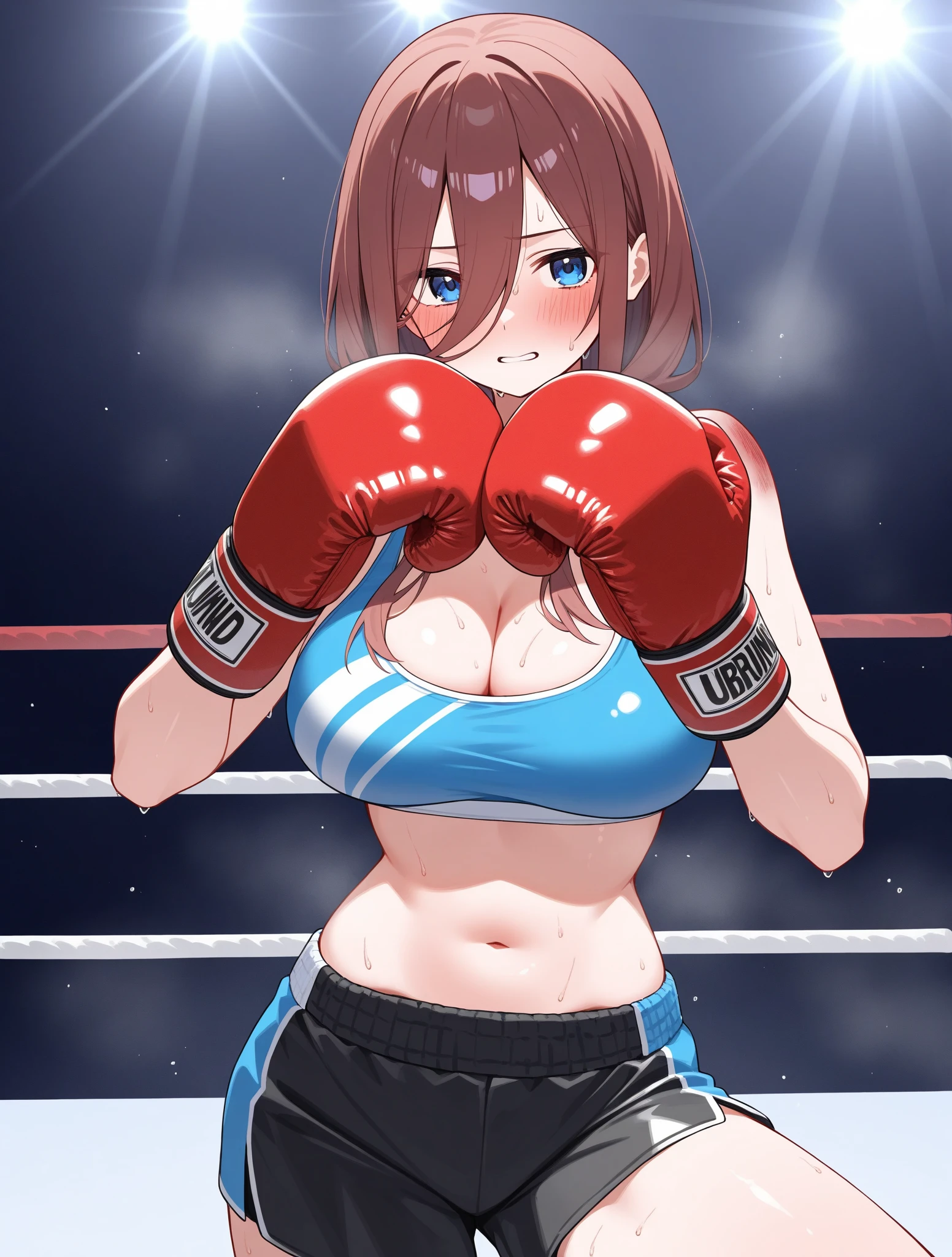 1girl, sports bra, boxing gloves, sweating