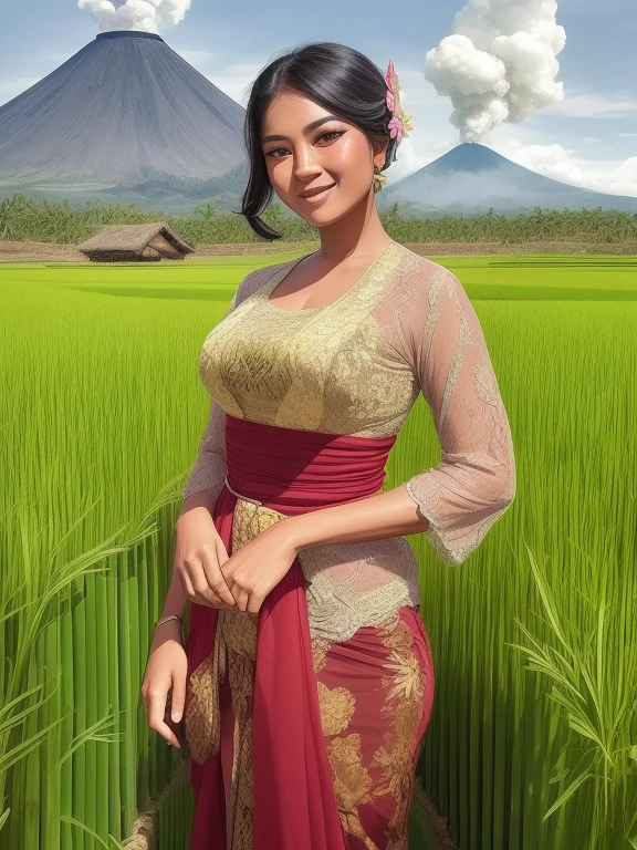 A Gorgeous black haired female Indonesian West Javanese Rice Farmer wears light green kebaya dress with a happy face and light laugh, nurturing her just about to crop rice at her vast rice field with beautiful volcano in background, bamboo hut and bamboo woods, an epic masterpiece hyper realistic digital art of Frank Bellamy, professional color grading by Kenneth Hines Jr. , 80's European Color Comic Style