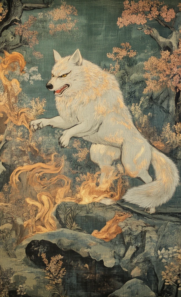 ((best quality)), ((masterpiece)), (detailed), A scene from the videogame Okami, painted by hand, storybook aesthetic, white wolf, beautiful nature, special effects, fierce stance, fire, epic scale, zoom out, cherry blossoms, the whole scroll can be seen hanging on the wall of a shrine