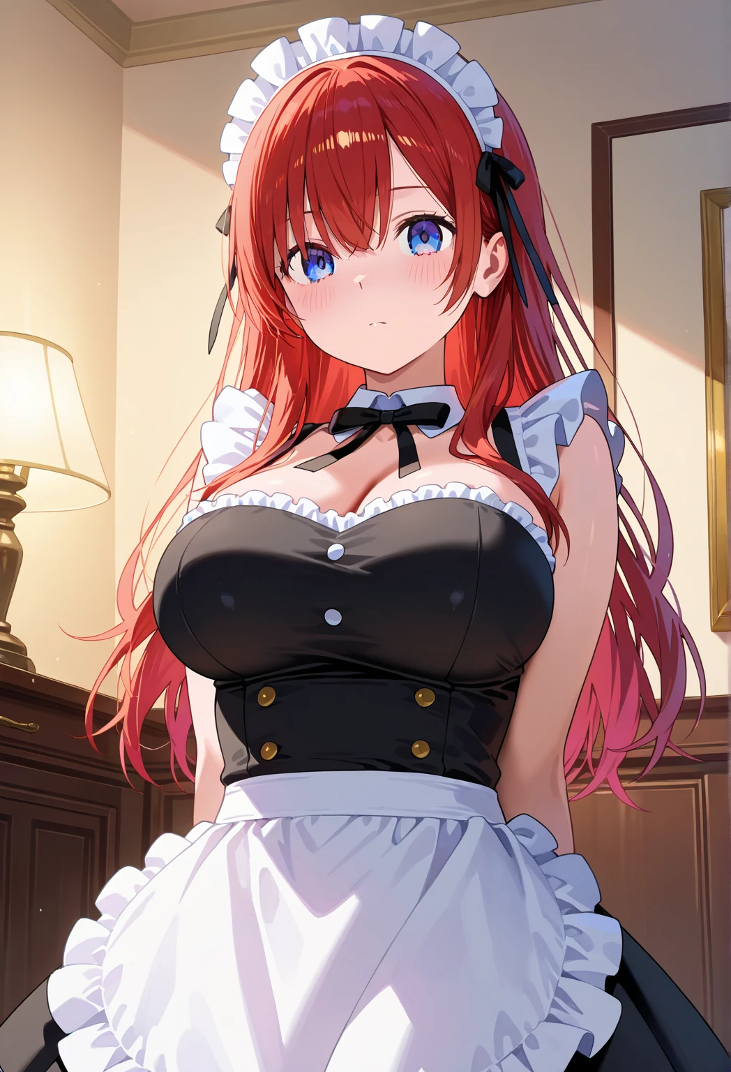 Shooting in the kitchen,Show the whole body,Nakano May, Itsuki Nakano, Bangs, Blue eyes, Hair between the eyes, Ahoghe, Red Hair, Star O \(symbol\), Hair Ornaments, Star Hair Ornament,Big Breasts,Cleavage,Maid outfit,White and black maid