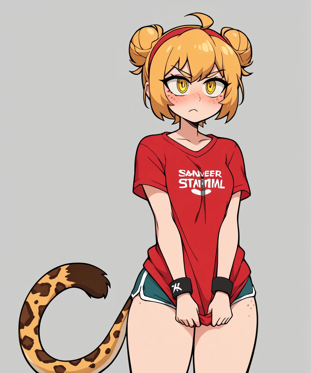 Yellow hair, Yellowish orange fur, green hoodie, brown pants, female, neco arc, cat, wide hips, hourglass figure, cameltoe, small breasts, ?????? outlines