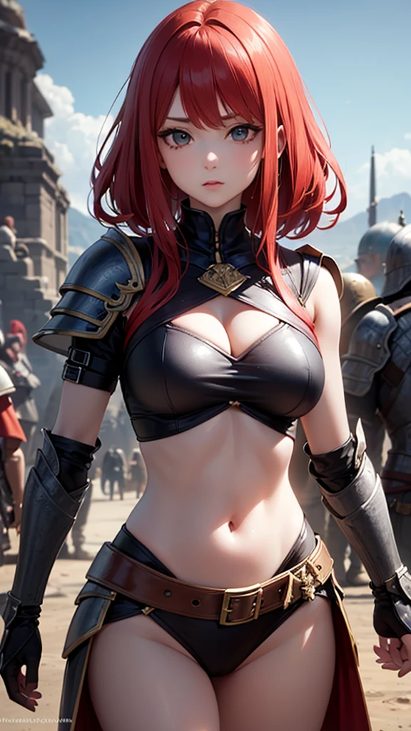 masterpiece, (realisti), high-res, high-detailed, complicated, Beautiful women, Red hair, blue eyes, freckles, detailed face, bikini armor, looking at viewer, showing boobs, smile, huge boobs, demon girl, Battle Axt