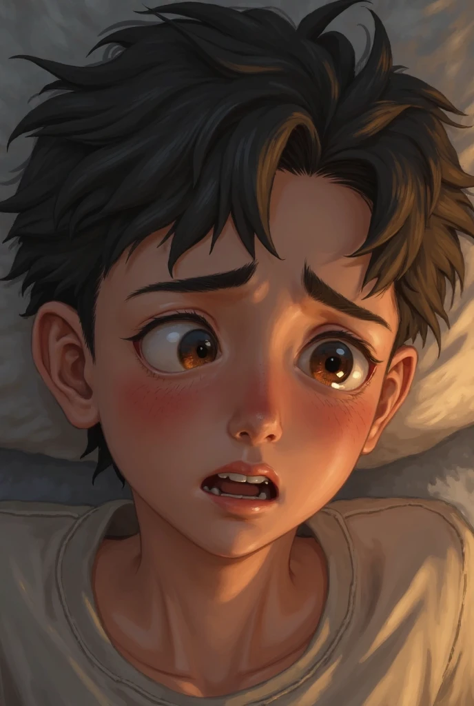 A Brazilian boy, offwhite, blackquality hair, bangs thrown as if they were a bit messy, almost perfect eyebrow, face a little square and full at the same time, mouth with thin, hydrated lips, eyes not so big and hair a little short, his bangs aren't that big and his eyes shine when he thinks about his girlfriend