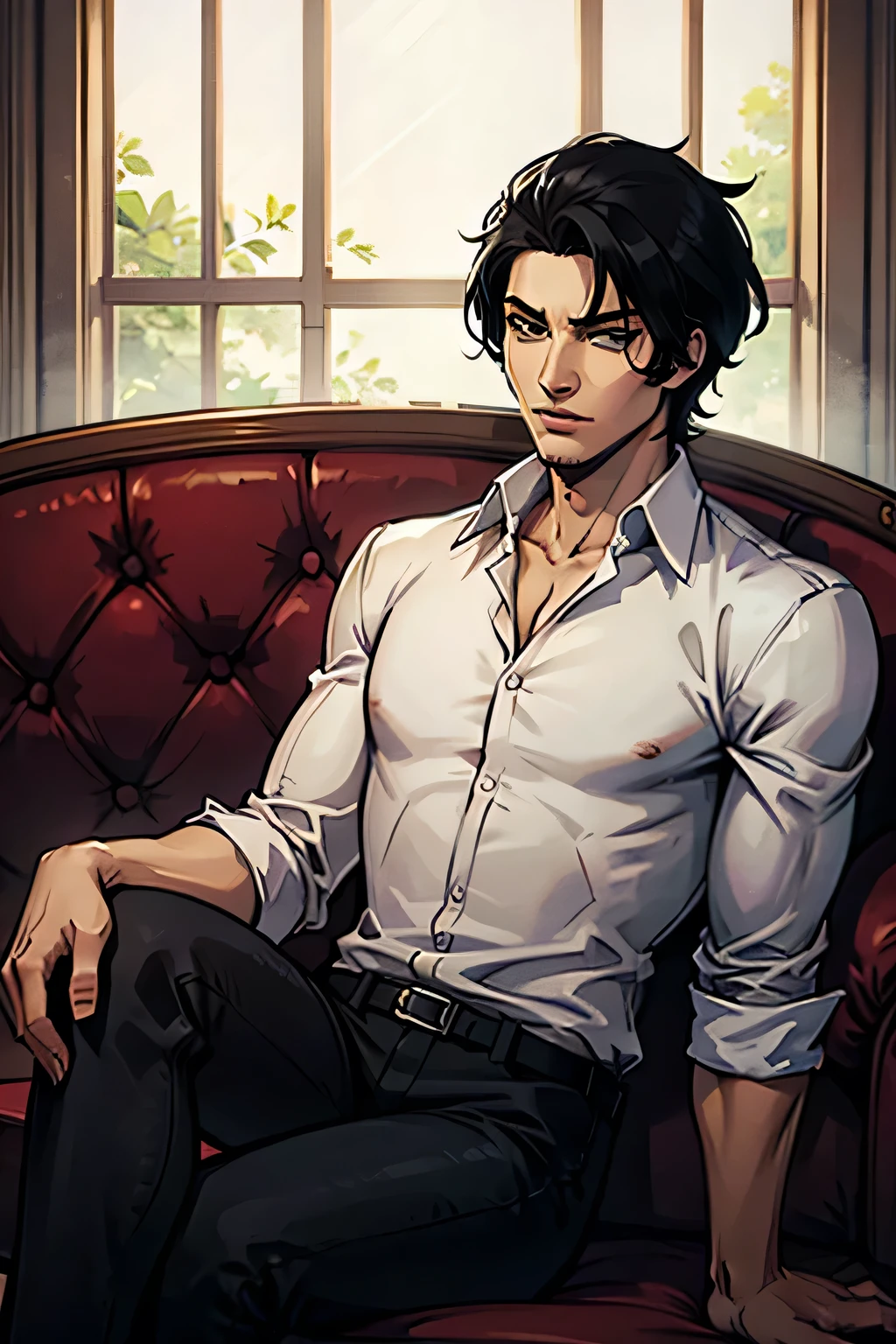 semi-realistic anime male, tan skin, black hair with grey hairs and slicked back with a few loose strands, green hazel eyes, black button up, tattoos, light stubble, sitting on a leather couch, bookshelves background, gold lightning, serious expression, handsome, legs spread open, tight dress pants