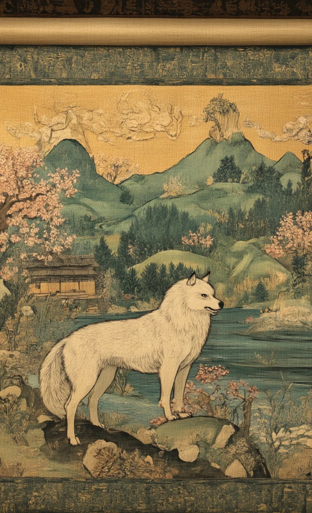 ((best quality)), ((masterpiece)), (detailed), A scene from the videogame Okami, painted by hand, storybook aesthetic, white wolf, beautiful nature, special effects, peaceful in nature, fire, epic scale, zoom out, cherry blossoms, the whole scroll can be seen hanging on the wall of a shrine,