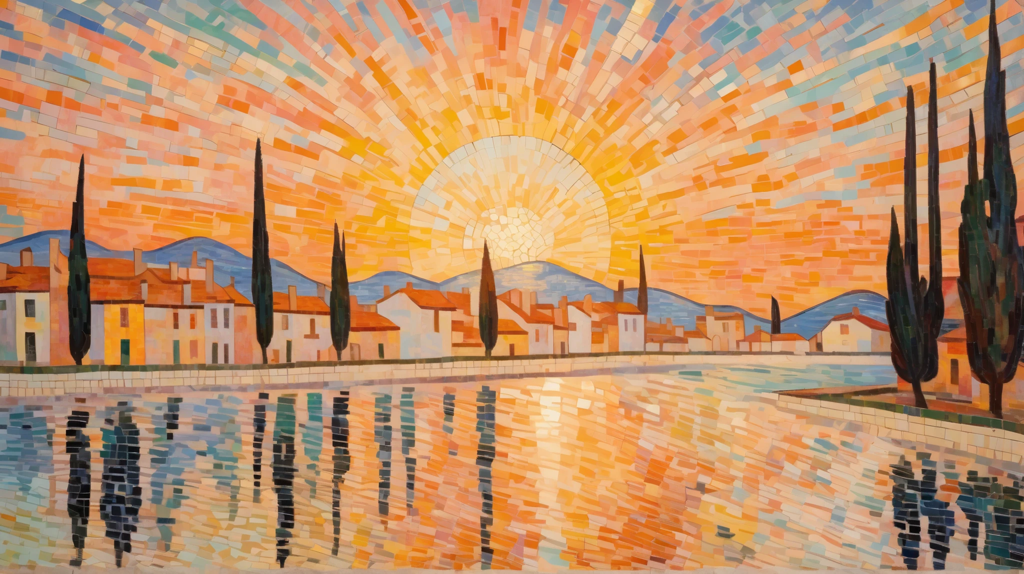 Paul Signac style - Charles Engrand's mosaic-style landscape painting, depicts a town under the morning sun with a broad brush stroke., The warm color of the sunrise is reflected in the water, and