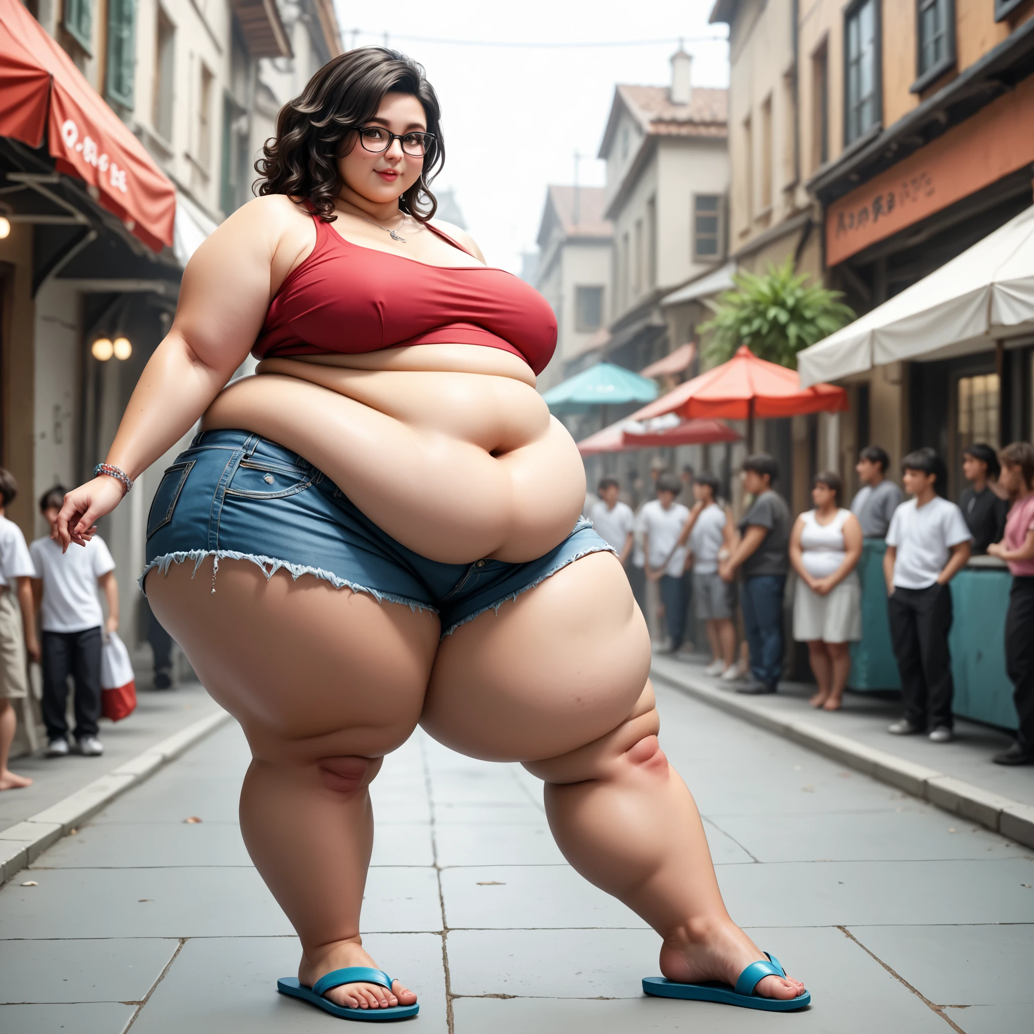 single female, high quality, Latina, Mexican, mature, beautiful model face, brown eyes, black hair, slightly curly hair, brown skin, sleek face, tall, taller body, long legs, voluptuous fatty figure, big fat belly, thick wide love handles, gained lots of weight, even fatter and more obese, body is wider and softer, breasts aren't large, chest is flatter, smaller breasts, gained even more weight, wider hips, hips are really girthy, even fatter, big sloshing round belly, high quality lighting, even fatter and gained more weight, big soft belly, bigger belly, zoomed out view, breasts are smaller, more side fat around her belly, more obese and fat, gained more weight, random pose, really big fat thighs, side profile, wearing jean shorts, crop top, flip flops, near skate park, wearing glasses, outside, gained more weight, even more obese thighs and tummy