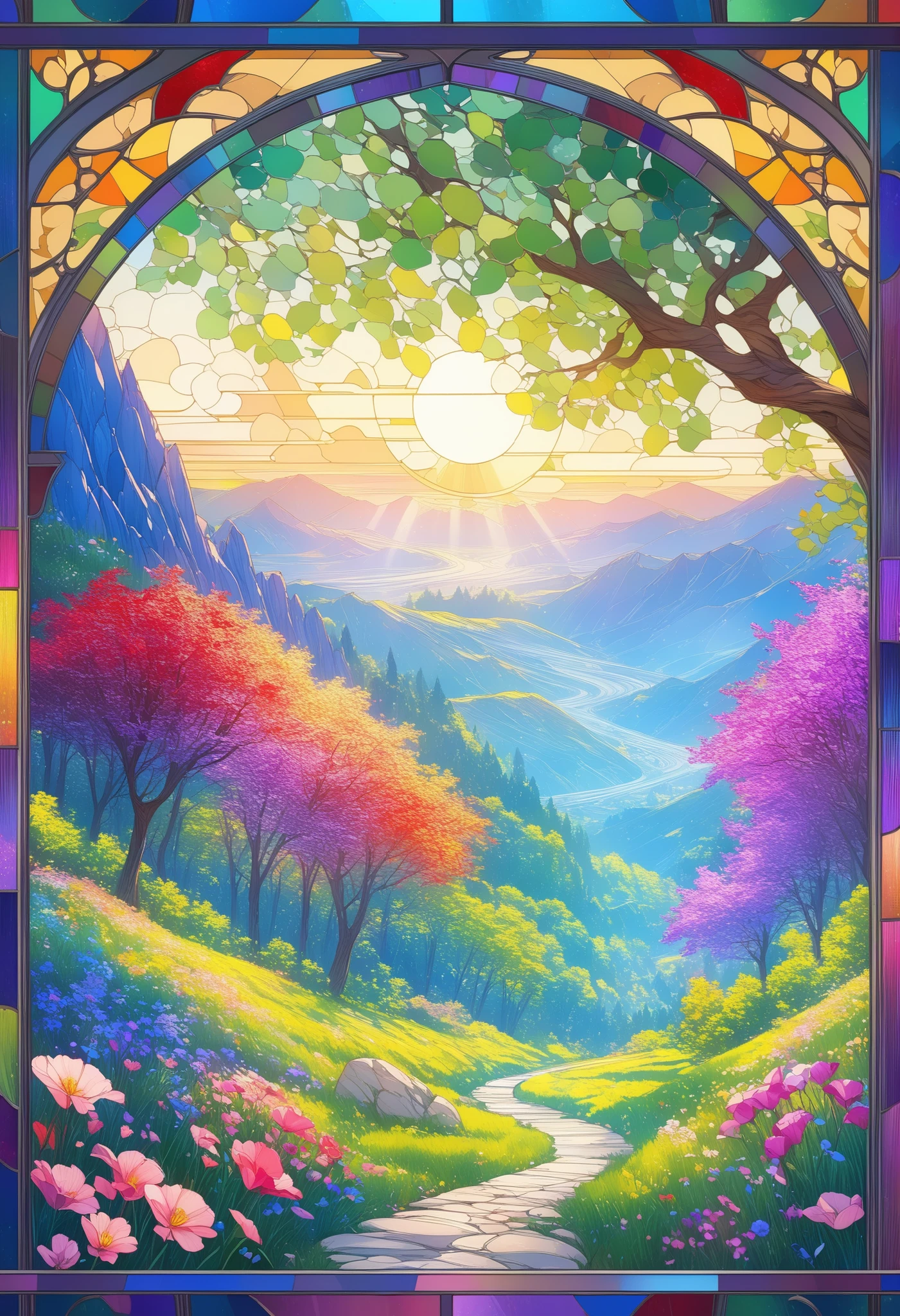 Stained glass style, poster design in stained glass art style, brightly colored flowers are placed in the foreground, and each petal is color-coded like stained glass. Lush green trees are in the middle ground, and serene mountains and blue sky are in the background. All elements are outlined with stained glass lead lines, giving off a radiant glow as if sunlight was filtering through them. The colors are vibrant blue, red, yellow, purple, and green. Art Nouveau style frame decoration, high resolution, flat design, translucent like light passing through, mosaic-like texture