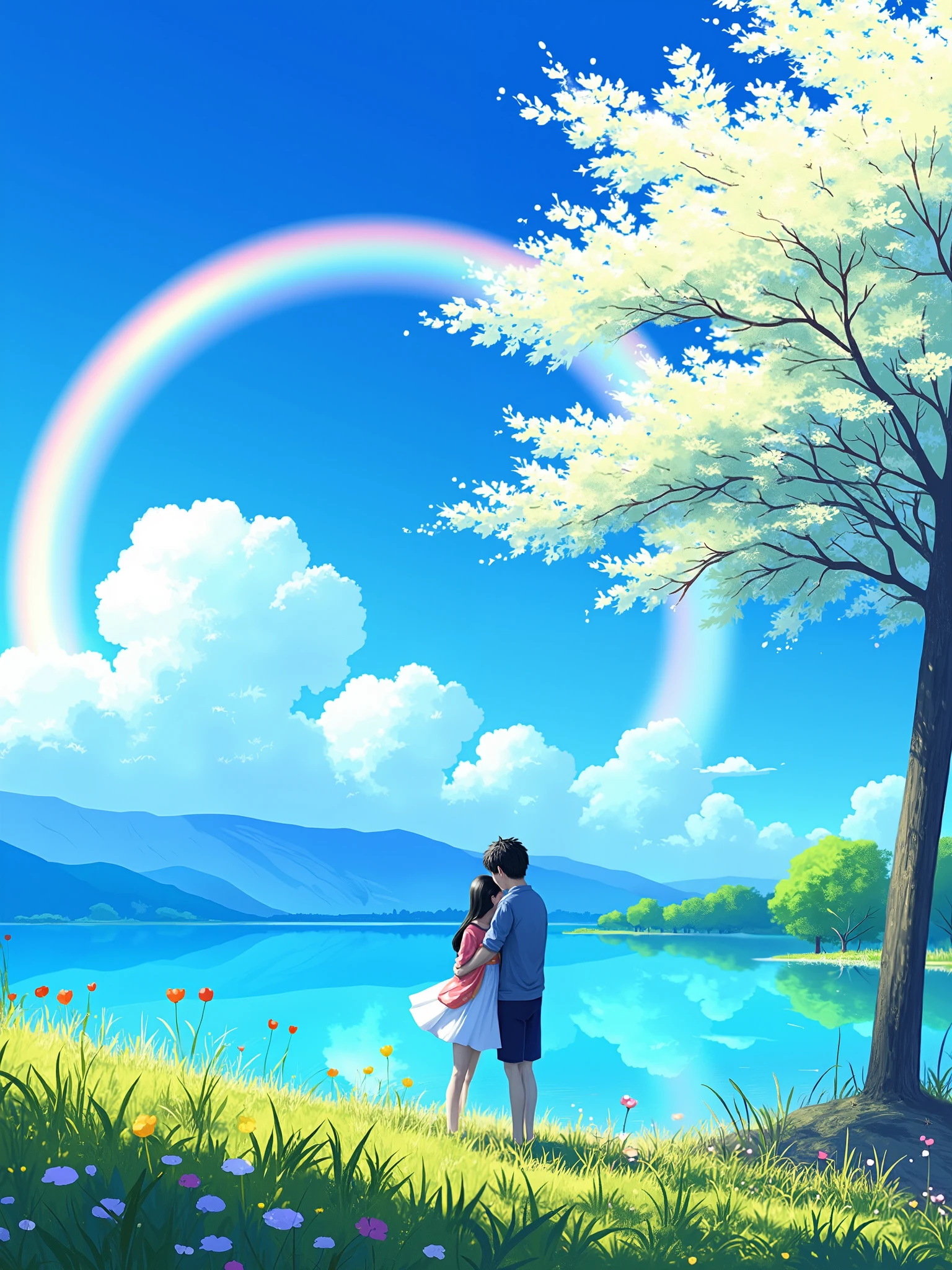 masterpiece, Best Quality, Ultra High Resolution, 8K, absurd, zavy-dtlnm, anime style, HAND-PAINTED FAIRY WORLD, Young Japanese couple hugging and kissing on the lake, Beautiful Ripple, grassland, Tree, flower,  blue sky, rainbow, Soft light, Watercolor edging, Bold Silhouette, Complex Composition, Detailed Art Painting,