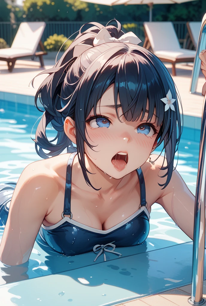 Tazune rirei, nsfw, 8k, ultra-detailed, Masterpiece, best quality, perfect lighting, aqua eyes, black hair, ponytail hair,  (bukkake:1.5), (cum on face:1.5), (cum on hair:1.5), (cum in mouth:1.5), (cum on body:1.5), middle chest, nipple peek, pink areola, 1girl, solo, sunny summer day, simple square pool, sitting on the poolside, looking at viewer, spoken heart, ((school swimsuit)), barefoot, portrait, bokeh, blush, embarrassed