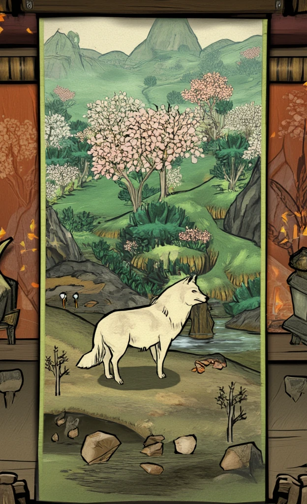 ((best quality)), ((masterpiece)), (detailed), A scene from the videogame Okami, painted by hand, storybook aesthetic, white wolf, beautiful nature, special effects, peaceful in nature, fire, epic scale, zoom out, cherry blossoms, the whole scroll can be seen hanging on the wall of a shrine,