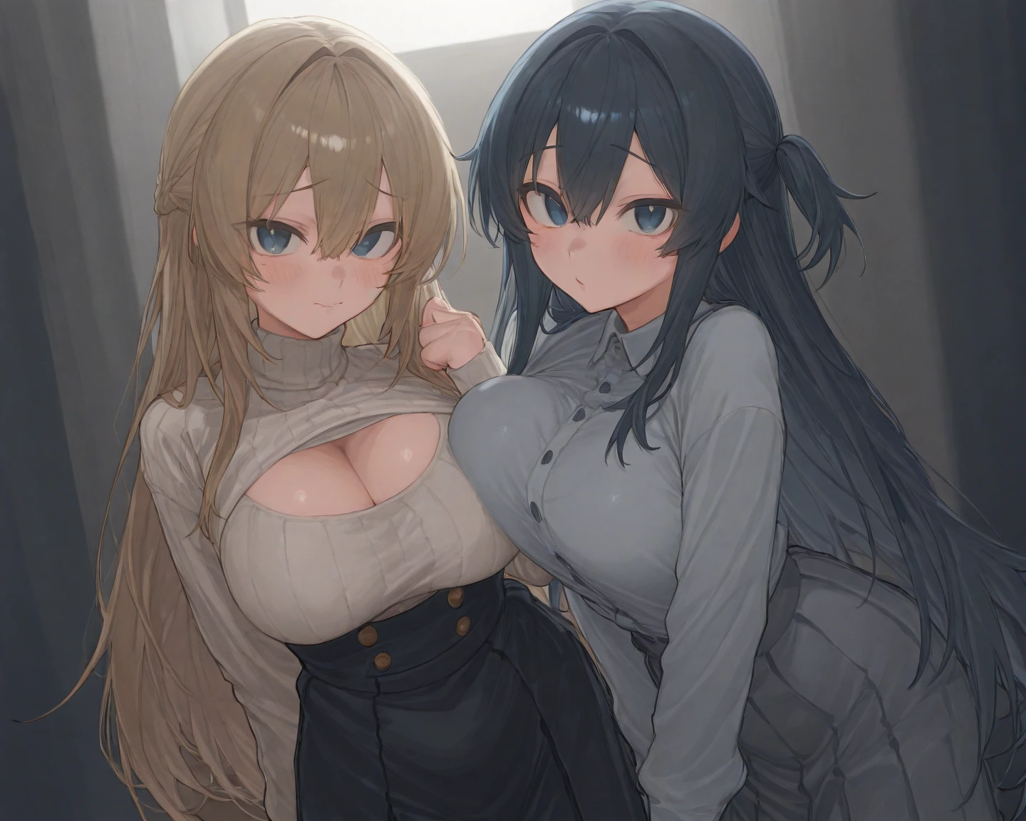 NSFW:3.6 Nude Tall Women:1.9 Blonde short-haired man has his chest massaged by a man from behind:1.9. Massage:1.9 Completely naked:3.6 Sweat, breasts, buttocks, troubled face, glaring, wrinkled brows, flushed cheeks, night:1.3 Apartment bedroom, white sheets, short black hair, ponytail:1.9 Straight hair, bangs swept to the side:1.9. Slanted eyes, brown eyes, tall, big breasts, strong-willed, beautiful