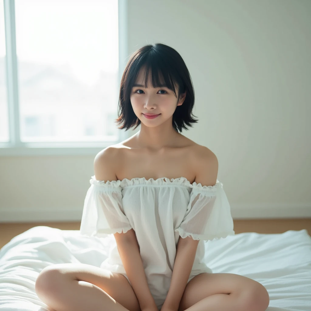 not wearing clothes、Completely naked、I can see the whole body、Sit down and spread your legs wide、I can see your feet、I can see your butt hole、Lower body full、cute、spread your legs、The lower body is naked、not wearing clothes、（flat chest,small breasts, size breasts,flat）I can see your breasts,I can see your nipples,The lower body is nakedです,I can see your butt、The labia majora are visible,I can see the clitoris,You can see the best nipples:1.2, highest quality, photorealistic stick), 1 girl, Not at all, pixie cut:1.2, 12 years old, ,, ((cowboy shot)),clean hands