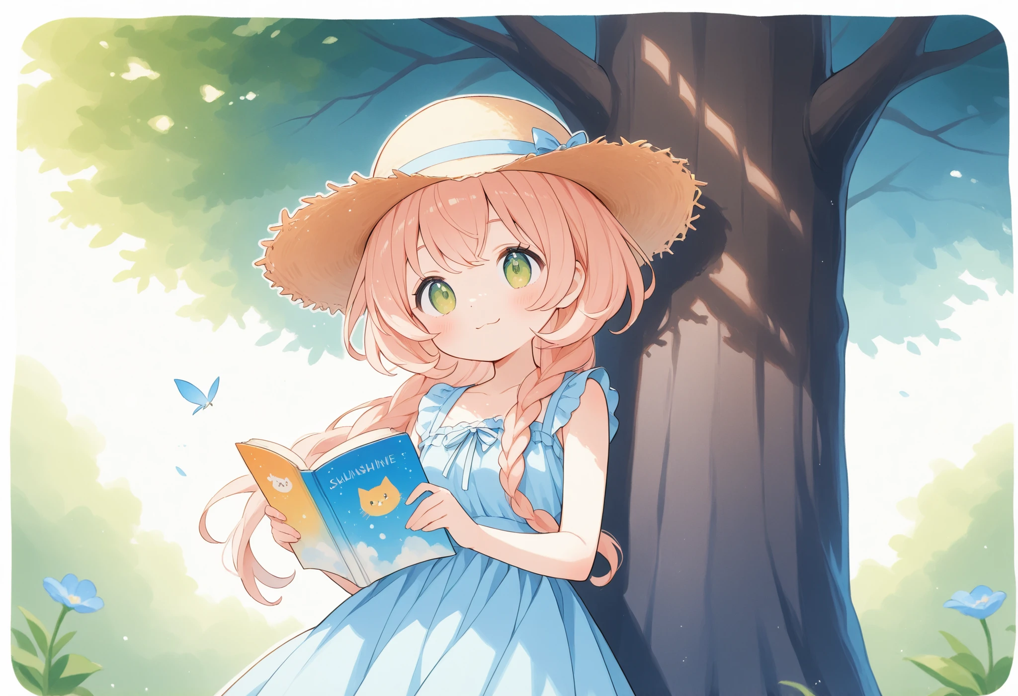 Picture book touch、Illusory World Drawn、Watercolor Smudges、thick outline、watercolor、catと戯れる少女、sunshine、Straw Hat、cat、 Compa、Playing Under One Big Tree