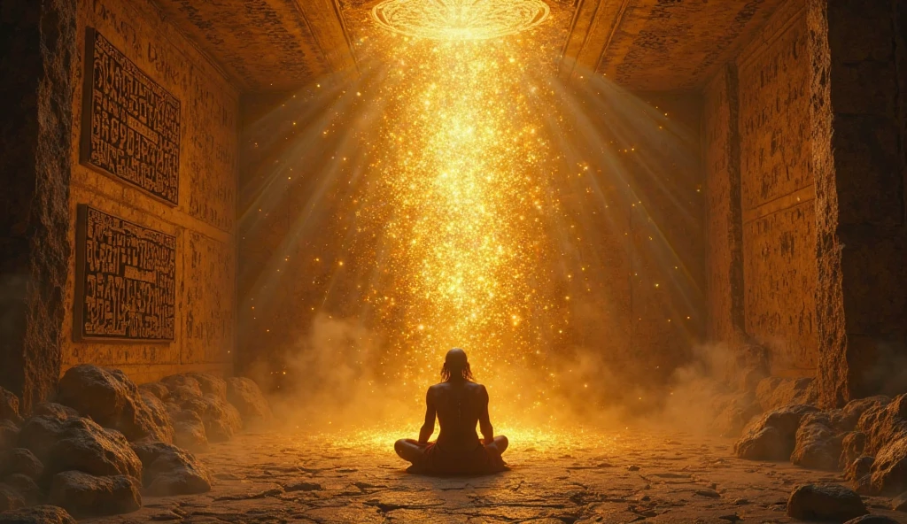 A mystical underground chamber illuminated by a divine golden glow ...
