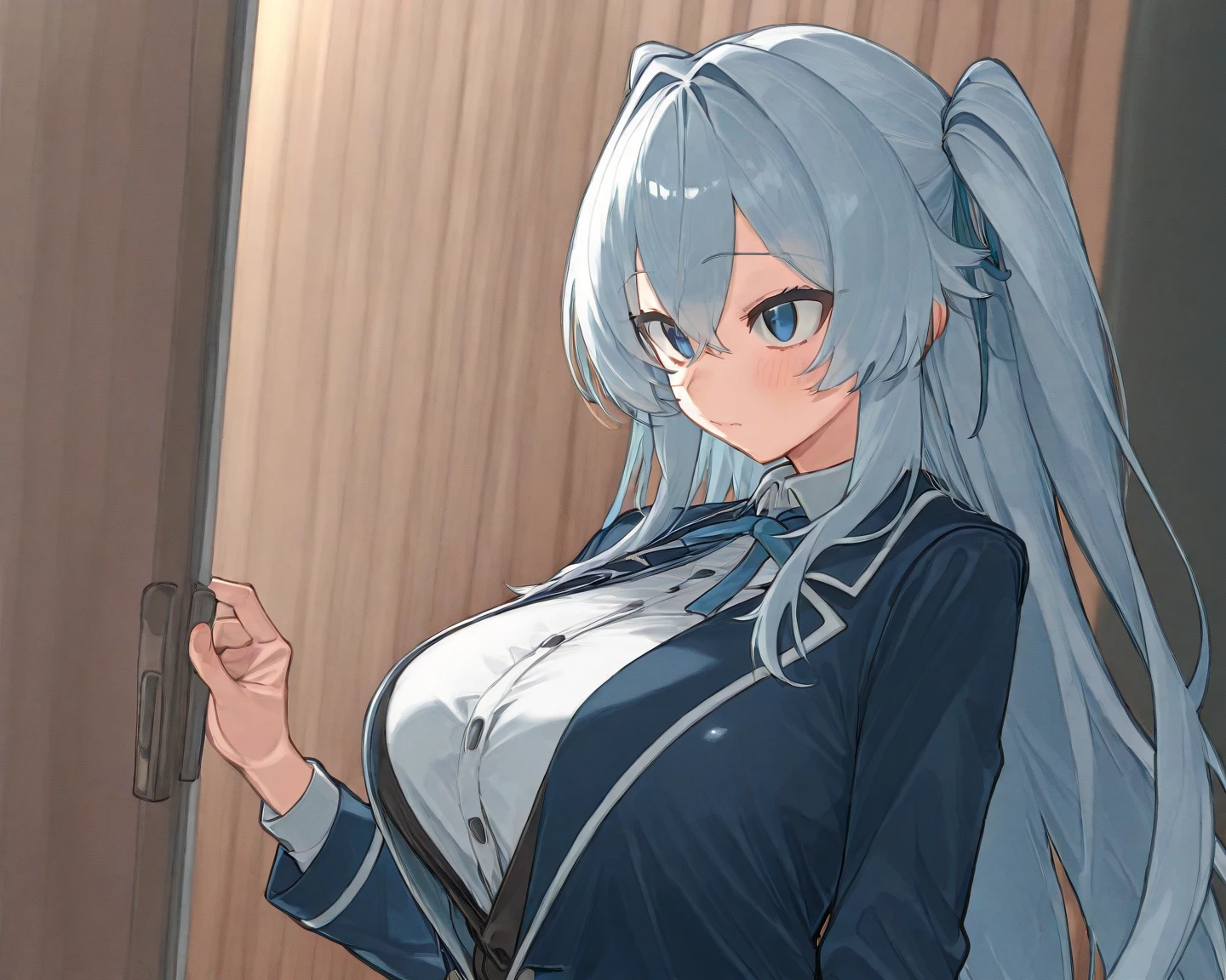 (masterpiece, best quality, ultra detailed, hyper realistic, photo),delicate pattern, detailed background, uncensored completely,
1yukino, silver hair and blue eyes, cowboy shot, japanese girl, class room,
school uniform, loose collar, skirt, looking over eyewear,
hair between eyes,
put up index finger and one hand on hip, angry with puffed cheeks,
from above, leaning forward,