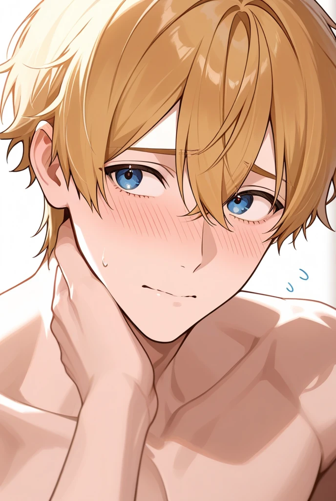 young boy, wolf ear, chiseled abs, chiseled pecs, sweating, (12 yo), (covered human ear:1.5), shaggy hair, ear behind hair, hidden ear