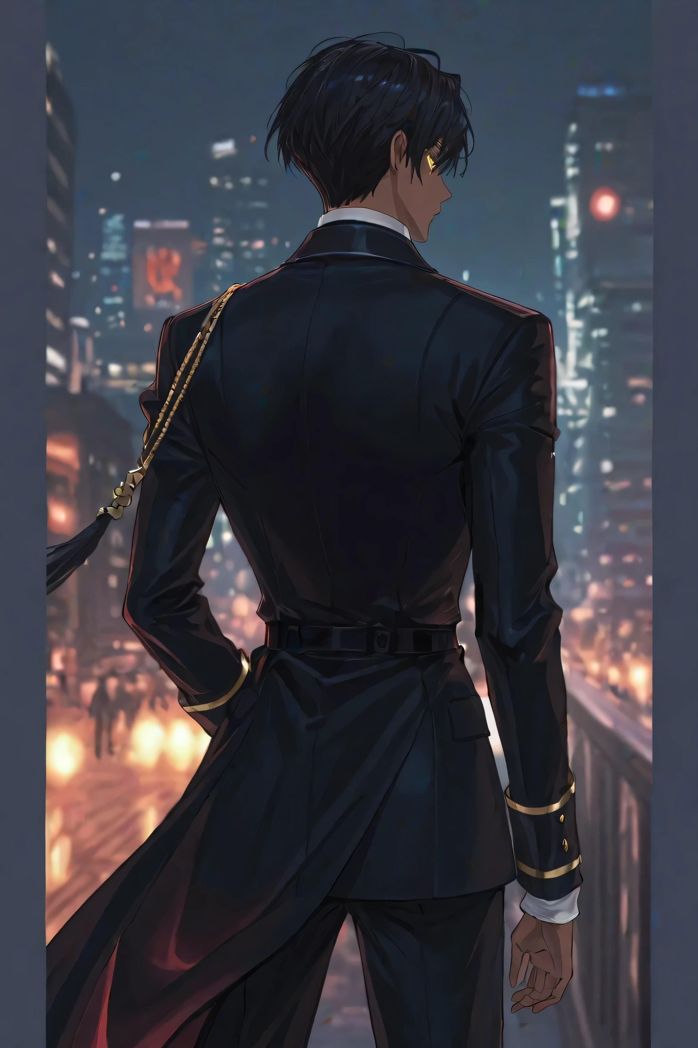 Man in elegant military elite suit and nobility in nighttime black, standing backwards, black hair with short hairstyle elegant American type, sexy man with shiny gold eyes, brown skin, with your hands inside your pockets, in the background there is a night city illuminated. anime version, FOR BOOK COVER.