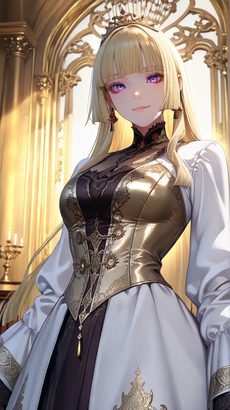 man, masculine, attractive, muscular, ((1man)), masterpiece, absurdres, best quality ,intricate details , (shiny skin, shiny body, shiny oily luster skin, shiny hair, pale skintone), old castle, Sundown, attractive, ((muscular)), adult, one, tattoo ,white blouse, earrings, brown pants, Don't look at the view , Not looking at the view, blonde very long hair, perfect detailed face, vampire fangs, red eyes