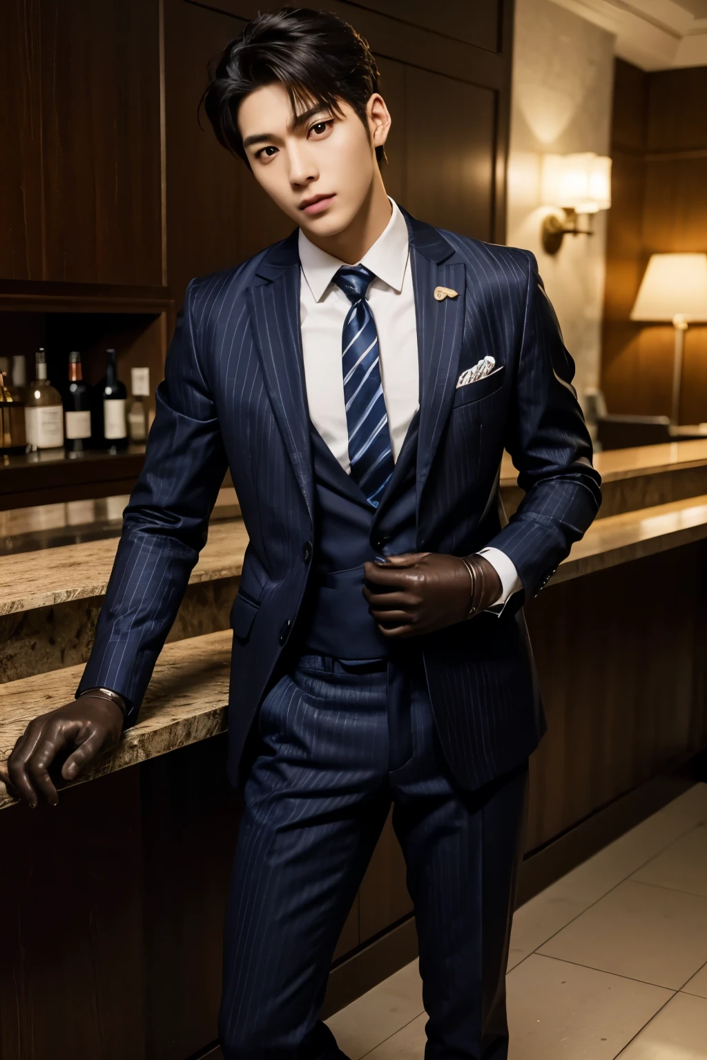 (masterpiece: 1.2),(CGI Art:1.3),(Realistic:1.5),(Post Processing:1.3), (crisp focus:1.3), 1 man, (Navy Necktie Suit), Navy Cargo Pants, Young Korean , Korean Men, (High shadow detail), Pectoral muscles, Big arm muscles, blood vessel, Big muscles, Wide shoulders, looking at the audience, balance eyes, nightclub, bar, Cafe