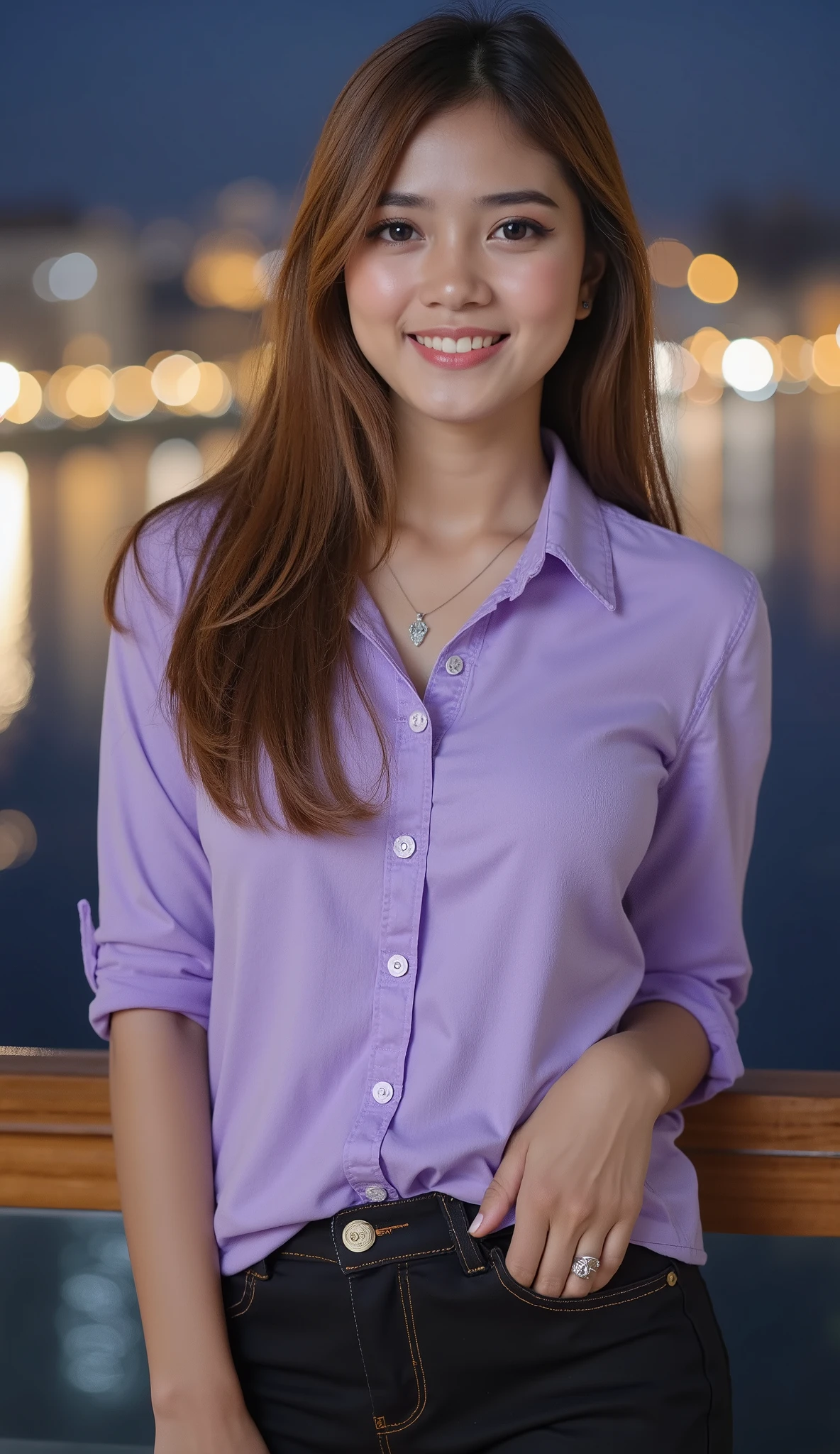 A beautiful indonesian female with long straight hairstyle,25 years old. indonesian face, highly detailed beautiful face and eyes, attractive face, charming face, Full body, perfect body, white skin, medium breasts, anatomically correct, long straight hair, brown hair. Wearing light purple shirt, black jeans, necklace. Background overlooking a beautiful river and city at night. Standing facing forward, Look at viewer, smile showing teeth, hand in pocket. Ultra detailed body, highly detailed appearance, hyper quality image. Bokeh. Hyper resolution. Ultra high realistic image. 16k. Ultra detailed