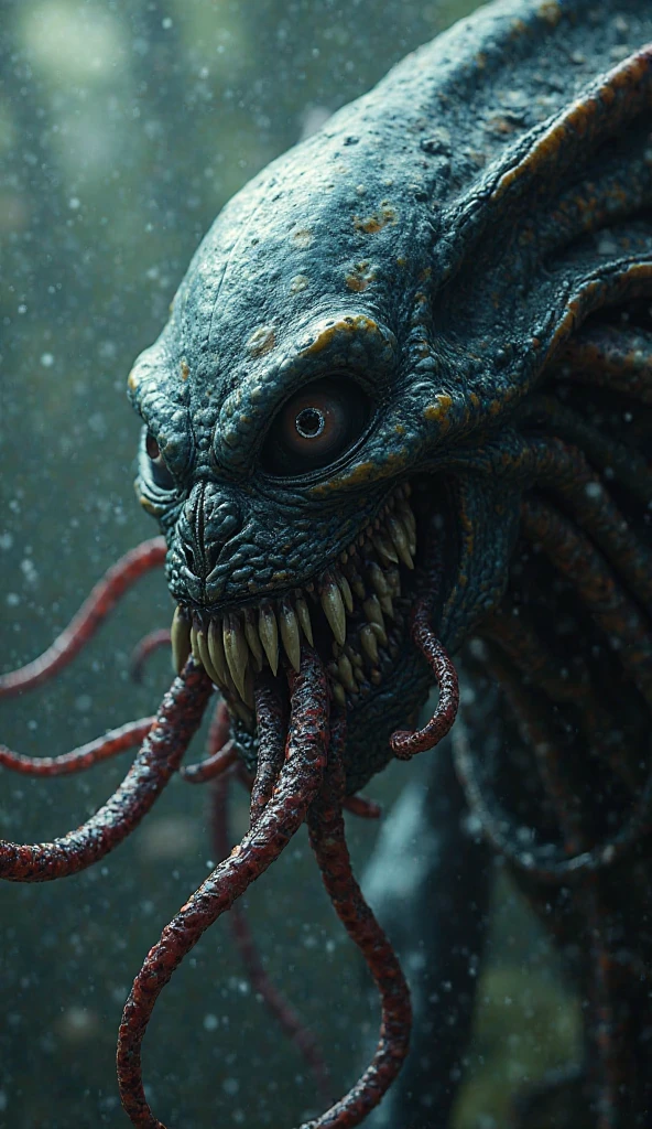The horror-themed movie avatar comes from the future world, looks like an octopus, has no eyes, skin blemishes, horror, detailed skin, and tentacles. eerie, disturbing, dark, spooky, suspenseful, spooky, 35mm photo, film, bokeh, professional, 4k, highly detailed, night, perfect eyes, highly detailed smoothing, cinema camera correction