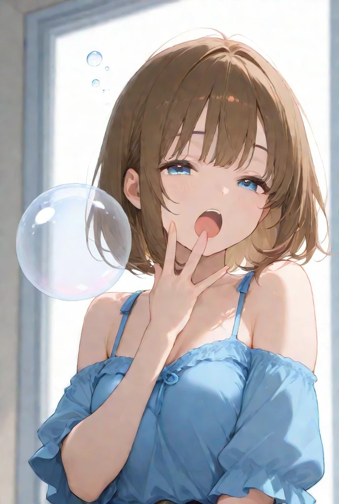(Best quality, masterpiece, anime quality, full view), 
1girl, Uraraka Ochako, thick_eyebrows blush_stickers, brown_hair, brown_eyes, short_hair, sideburns, shiny hair, medium breasts, skindentation +++ v-shaped_eyebrows, (blowing clear (((gigantic biggest))) bubblegum), clear sexy bikini, poses