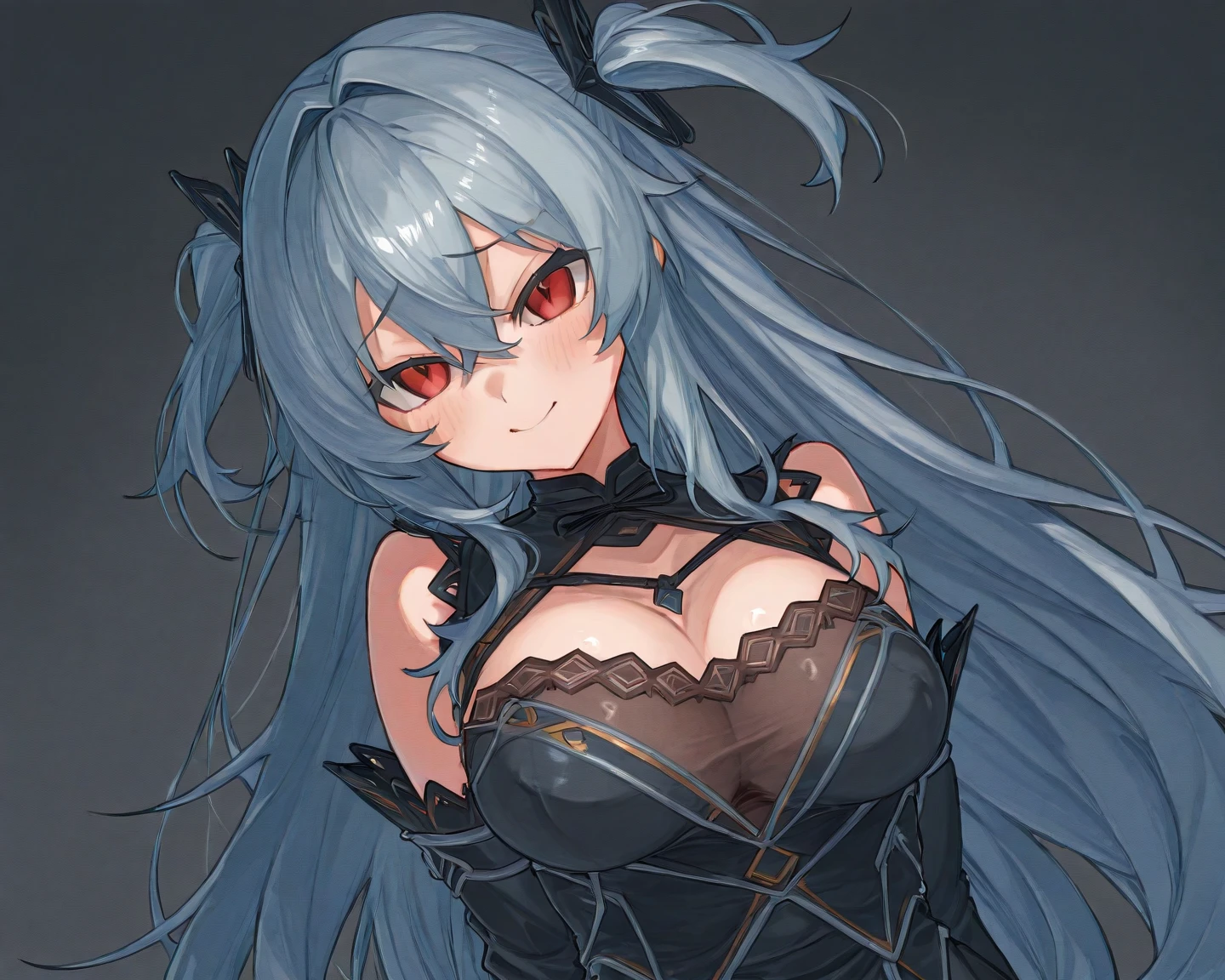 masterpiece, best quality, 1girl, black sclera, red eyes, blue hair, closed mouth, looking at viewer, uniform, short hair, simple background, solo, upper body, dynamic pose <lora:black_sclera:1>