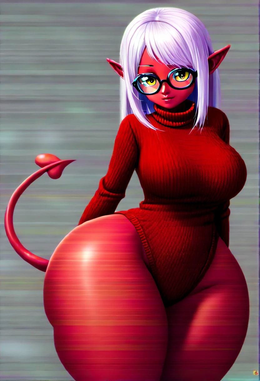 detailed illustration, (front view), (side view),dynamic angle, ultra-detailed, illustration, clean line art, shading, anime, detailed eyes, detailed face, beautiful face, dramatic lighting, detailed illustration, dynamic angle, ultra-detailed, illustration, masterpiece, masterwork, beautiful,

Succubus woman, 30’s, (red skin:2.0), round wire frame glasses, knitted ribbed sweater, sleeves too long, (sweater dress: 2.0), hands between her legs, long demon tail, pointy red ears, yellow cat eyes, long white hair, smiling, large breasts, BBW, lots of junk in her trunk, ginormous ass, humongous hips, thicc thighs, sitting in a bed, thigh high socks, in a bedroom, in a very nice bedroom, standing up, legs apart, (erect nipples: 1.5)
