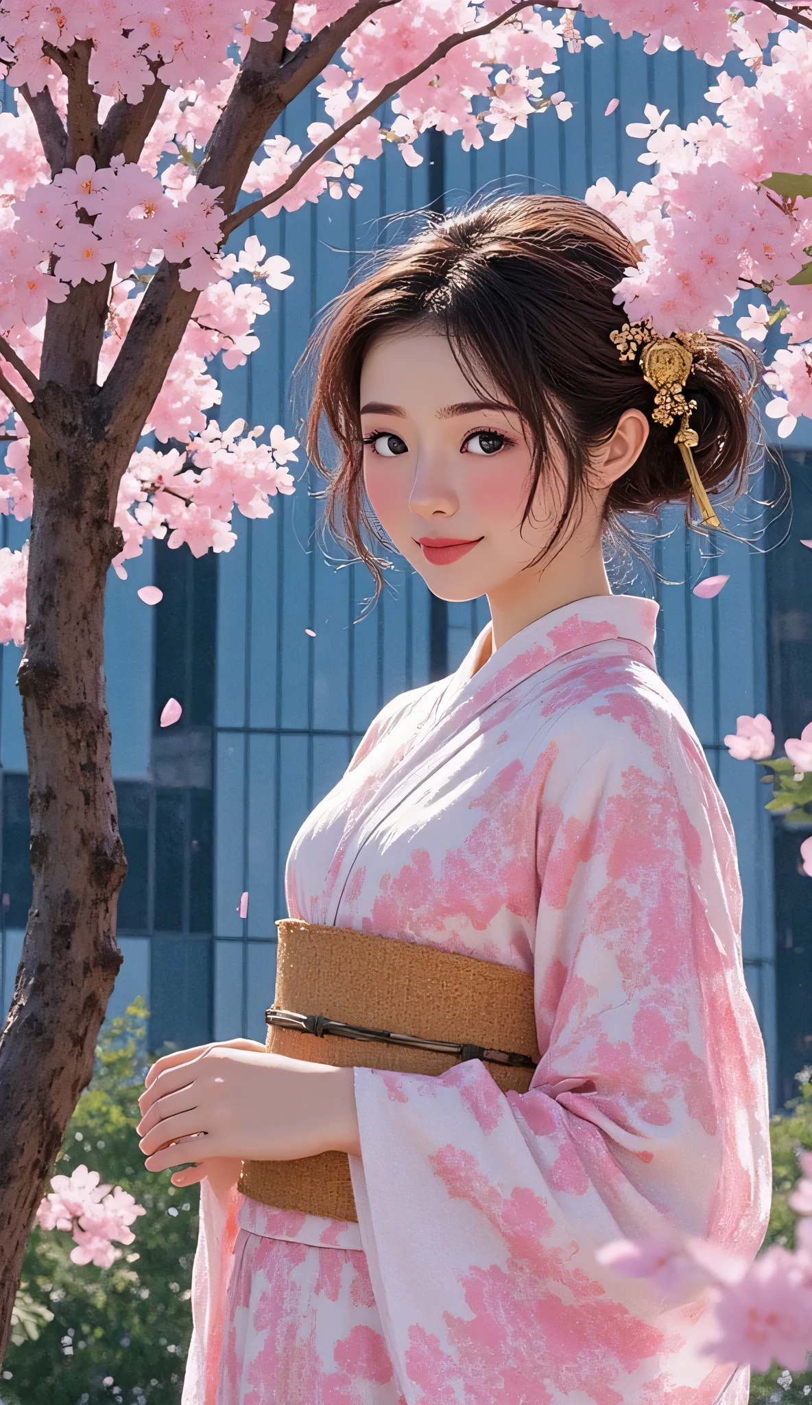 Hand drawn Japanese fantasy world、Picture books 、hand drawn, fantasy scene, 複雑なbright colors, Fantastic, story book , dreamlike, Mysterious, cinematic lighting, soft focus, masterpiece, 8k, high resolution, bright colors, photorealistic、 A woman like an elegant cherry blossom goddess smiling surrounded by cherry blossom branches,Wrapped Pink Petals,Classy Hairstyle,delicate expression,Wrapped,Surrounded by natural light ,Beautiful Scenery of Japan,best quality,Rendering,high resolution,fine details,bright color