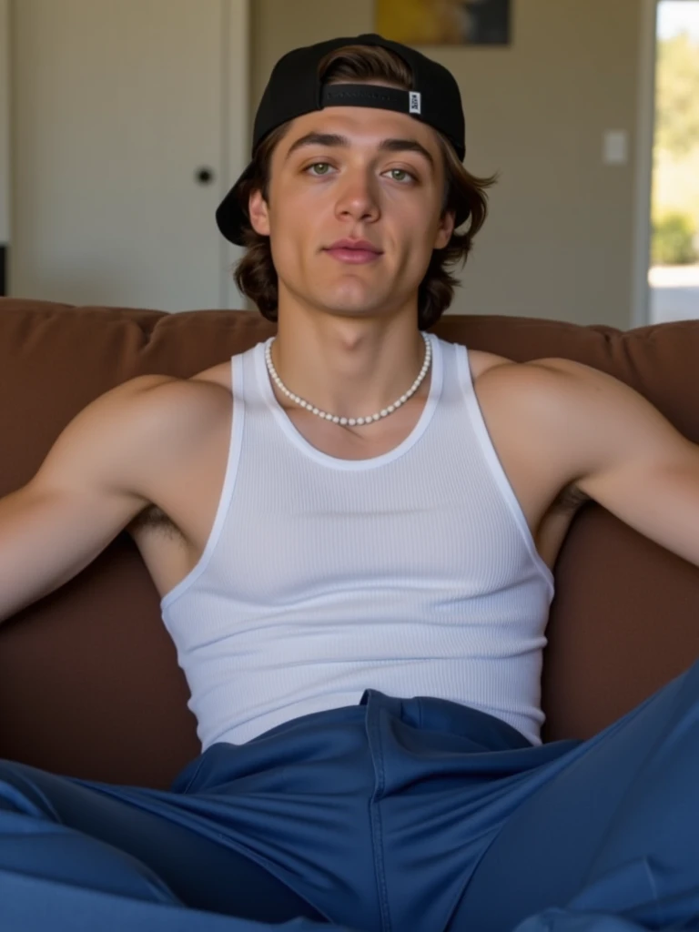 The 17 years old male actor devon bostick as rodrick heffley, black curly hair, smooth body, no abs, blue jeans pants, messy living room in the morning background, emo gay, beautiful, shirtless.