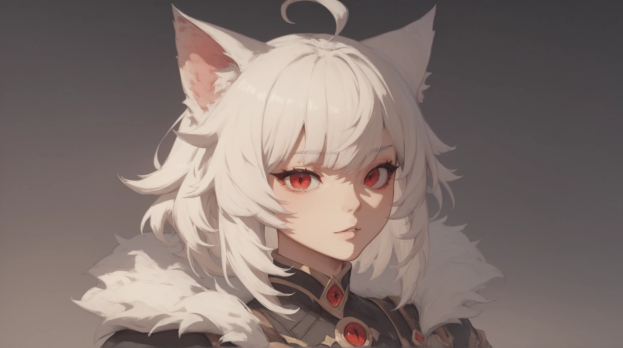 Arrisa ((cat girl)), (red eyes), (medium hair), (( white hair, (Ahoge), straight bangs,)),