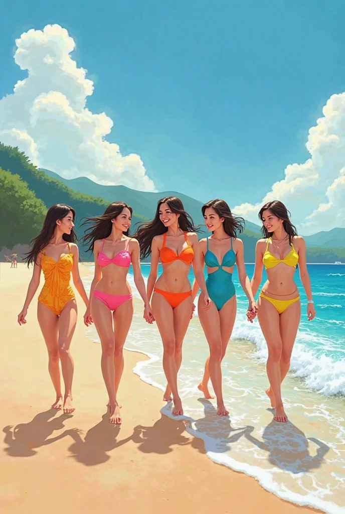 Jeune femme très grande au milieu de son groupe d'amies. Elles sont à la plage et en maillot de bain. Ses amies sont beaucoup plus petites qu'elle et elle se sent très grande à côté d'elles