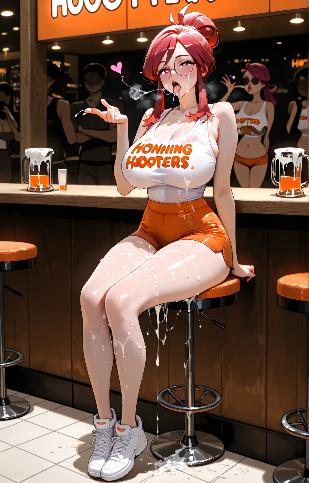 woman wear hooters logo orange and black latex shorter waitress hold beers service