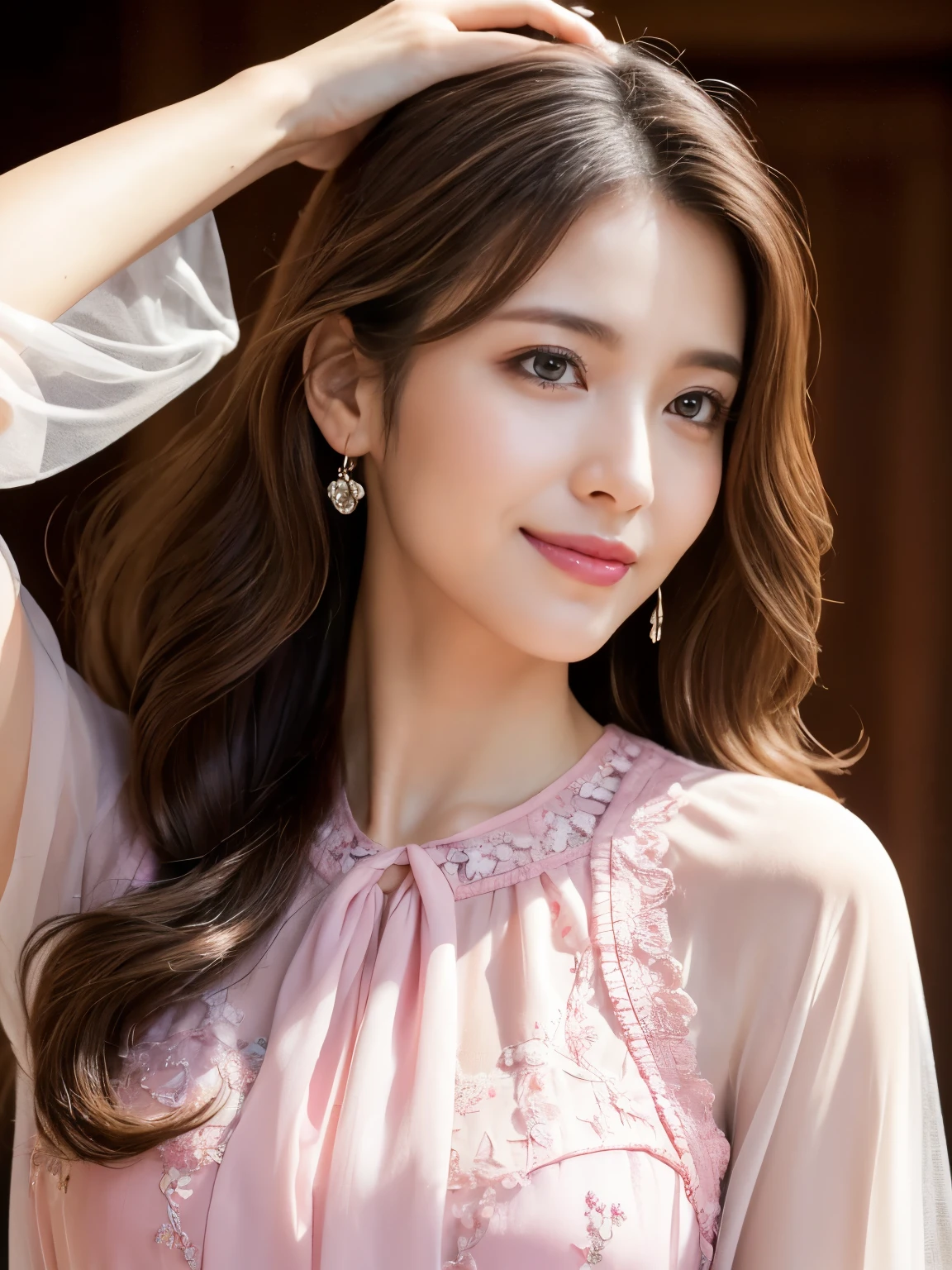 ((Highest quality、masterpiece、8k、Best image quality、Hyperrealism、Award-winning works)), One girl, Hairstyle Casual, (Big Breasts: 1.2), (Elegant lace blouse: 1.1), Very beautiful face, Delicate eyes, double eyelid, smile, Home, (Close-up of face:1.1)