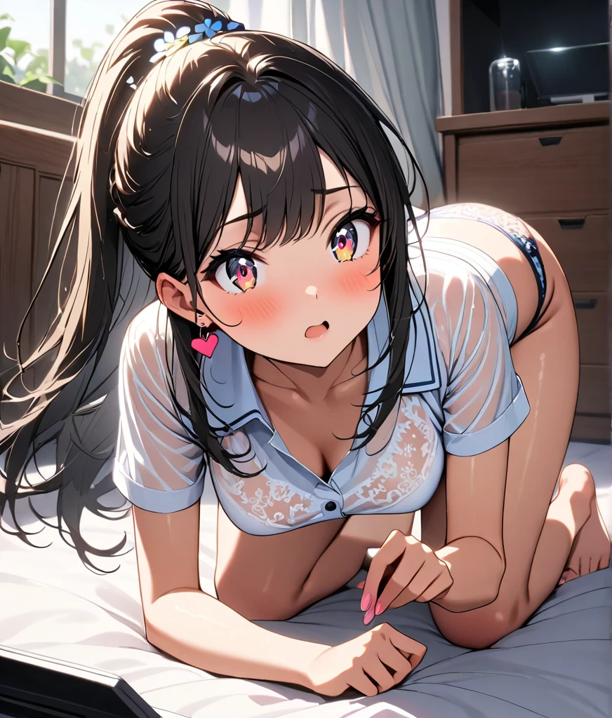 (NSFW),adult woman、The exact number of fingers、Exact number of legs、Exact number of arms、bangs, Ribbon Ponytail, brown hair, (blush:1), (Put one hand in your panties:1.8), fingering, (pussy juice:1.2), pink panties、 beautiful big breasts, (erect nipples:1)、highest quality, High resolution, (fine and beautiful eyes:1.6), highly detailed face, perfect lighting, Very detailed CG, (perfect hands, perfect anatomy),embarrassed look、The expression of a person who is holding back from going to the toilet, (Sexual pleasure expression:1.4), (expression of agony:1.2)、close your eyes、sexy look、look up、mouth half open、(on the bed)、whole body