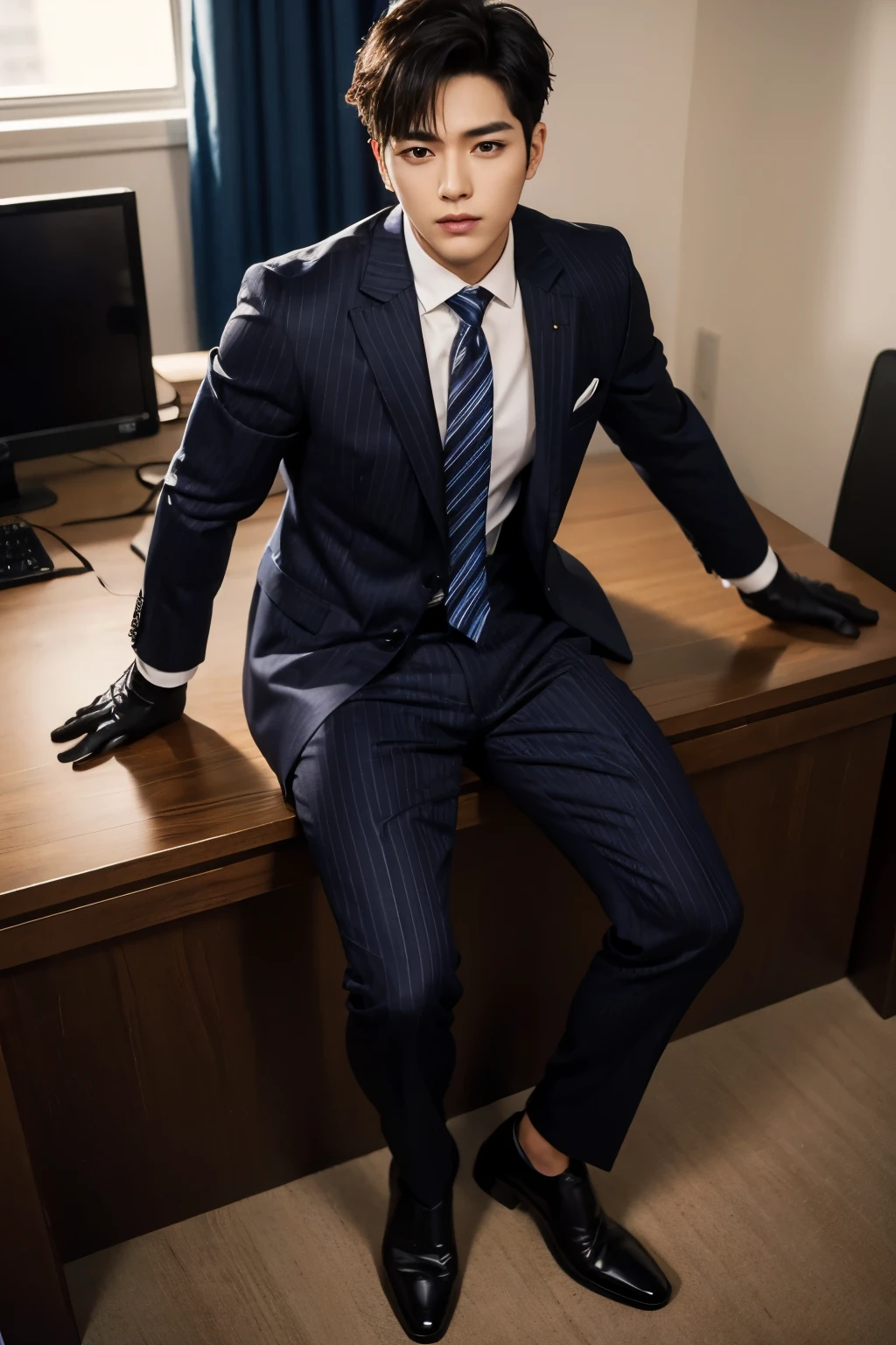 Young man, male, wearing a navy suit, sitting on a chair, Japanese, thick thighs, large thighs, bulging crotch, plump thighs, full crotch, muscular, heavy crotch, angle from below, tight navy suit