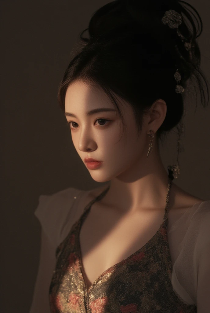 dark, black background,  portrait of geisha, sparkles around, gems, glow, mist, insane details, intricate details, hyperdetailed, low contrast, soft cinematic light, dim colors, exposure blend