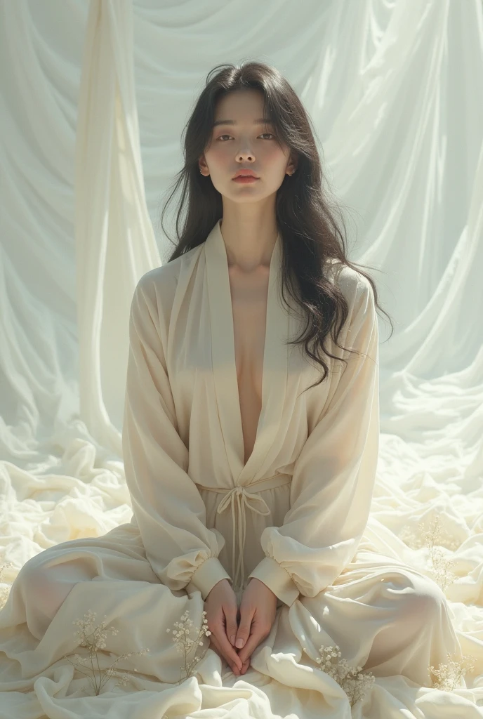 Browsing Caution, ((highest quality)), ((8k)), ((masterpiece:1.3)), (Perfect appearance), (Light realism:1.6), (Naked woman wrapped in white sheets: 1.2), (Morning bedroom with the sun shining in), Japanese women, 80 years old, ((Realistic skin texture)), (Large wrinkles all over the skin: 1.3), (White skin: 1.1), (Moisturized Skin: 1.2), (Facial wrinkles : 1), (Wrinkles around the eyes: 1.2), double eyelid, Lower eyelid tear trough, (Crying Mole: 0.9), The eyes are looking here, Gaze seriously., (Dimples: 1.2), Long Hair , (Long Wavy Hair), (Hair on the ears falls out), A tense look, Big Breasts, Clearer cleavage (Wrapped in white cloth.: 1.6), (whole body: 1.4), Beautiful belly button, Old woman's face, 80 years old.