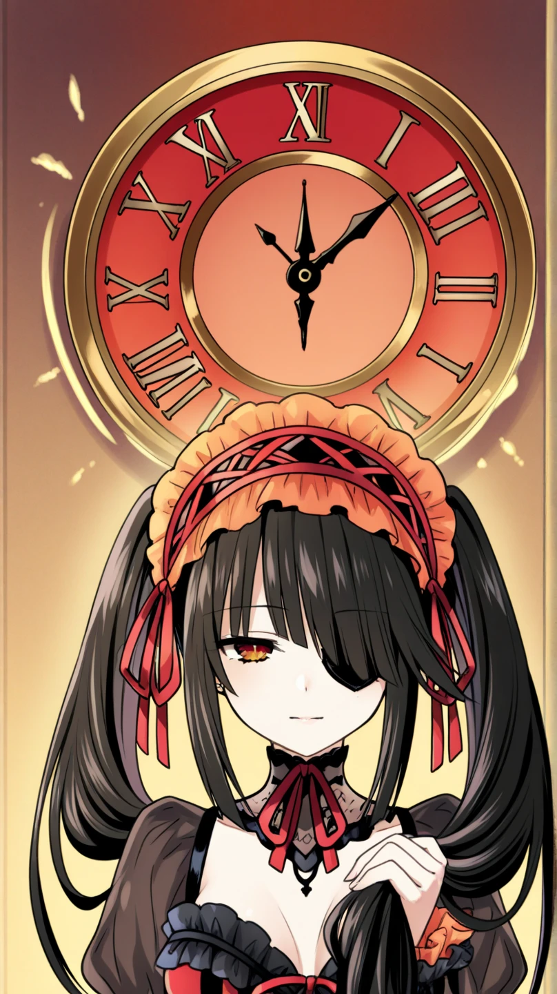 Kurumi is "a girl with astonishing beauty" , appears to be elegant and has very polite manners. She has pearly skin and long, black hair usually tied in long twin tails. Her right eye is red-tinted while her left eye appears as a golden, inorganic clock face, which is covered by her bangs and only revealed when she transforms into her Spirit form. When the hands of the clock eye are not in motion, it typically rests in the 3 o'clock position. Five years ago, Kurumi once wore an eyepatch to conceal her clock-like left eye, though she now considers it shameful and covers the eye with her hair instead. As a human, and after being sealed, her left eye is identical to her right. As a college student, she begins to wear earrings. Her hair is now partially tied back with a red ribbon, no longer covering her left eye.
Kurumi's Astral Dress is made out of crimson and black frills, giving her the appearance of an elegant Gothic ta with uneven twin tails that emulate the minute and hour hand of a clock.[6] On her head, she usually wears a big crimson net bow to hold her hair. She also wears a red and black collar on her neck. After absorbing Nia's Sephira Crystal, her Astral Dress gains several crosses reminiscent of Nia's nun-like Astral Dress. Kurumi's height is stated to be 157cm, and her three sizes are B85/W59/H87. When not in her Spirit form, Kurumi usually tends to wear either the female winter uniform of Raizen High School or a monotone black Gothic ta dress. 17-18years old,many background,birthday 10th [1], eyecolor red, left gold clock, Kurumi Tokisaki (時とき崎さき 狂くる三み, Tokisaki Kurumi?) is the third Spirit to appear. Due to her brutal actions, she is referred to as the Worst Spirit (最悪の精霊, Saiaku no Seirei?). She is also the first Spirit to appear as an antagonist in the Date A Live series.anime,random background