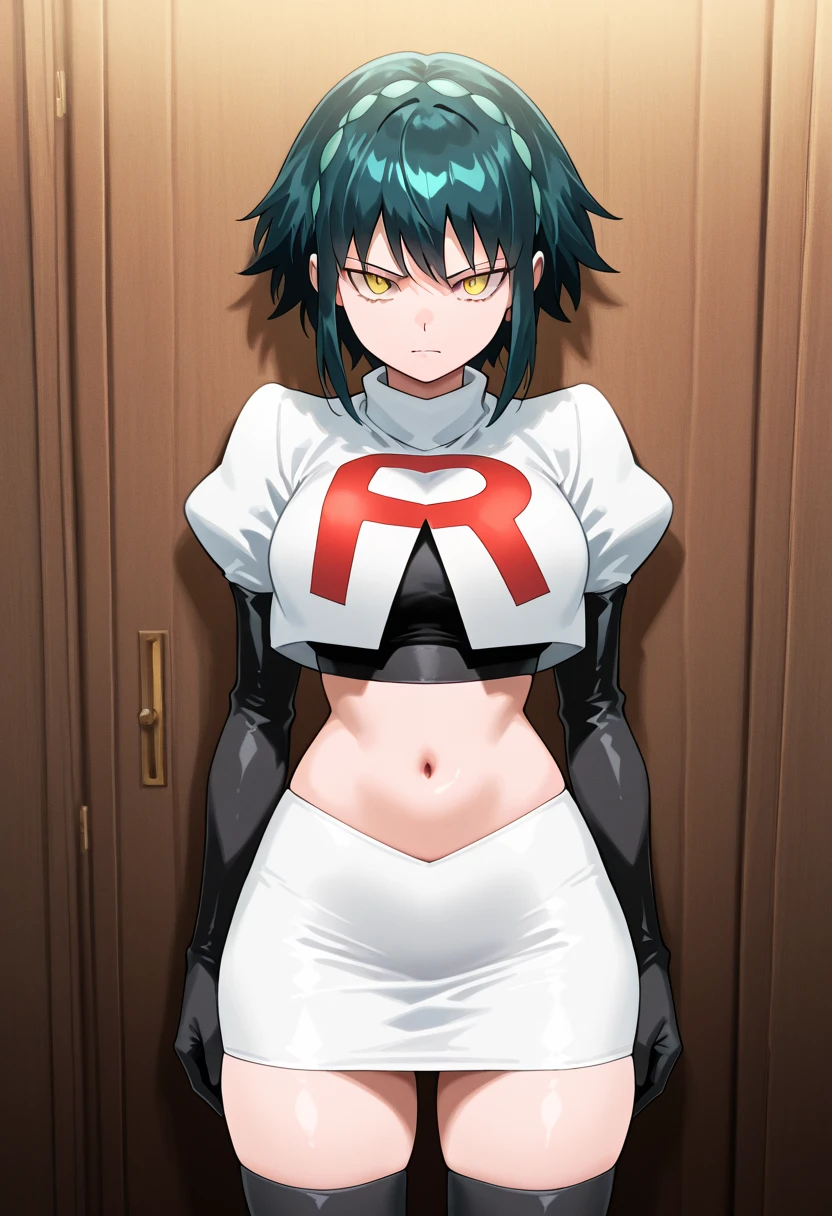 masterpiece, best quality, blkwidow, black bodysuit, black belt, unzipped, cleavage, black gloves, ((large breasts: 1.3)), night sky, cityscape,anime screencap, looking at viewer