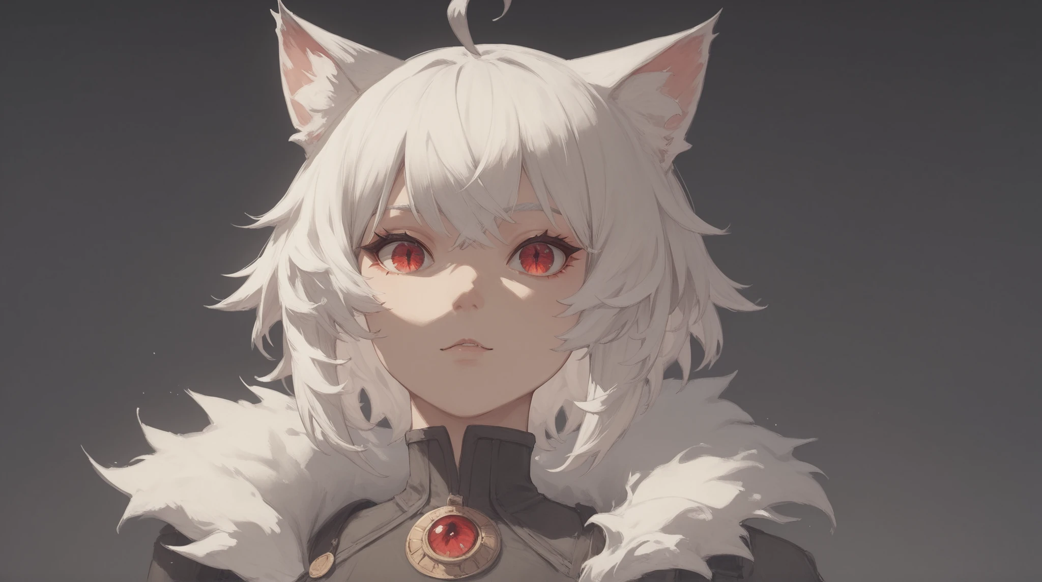 Arrisa ((cat girl)), (red eyes), (medium hair), (( white hair, (Ahoge), straight bangs,)),