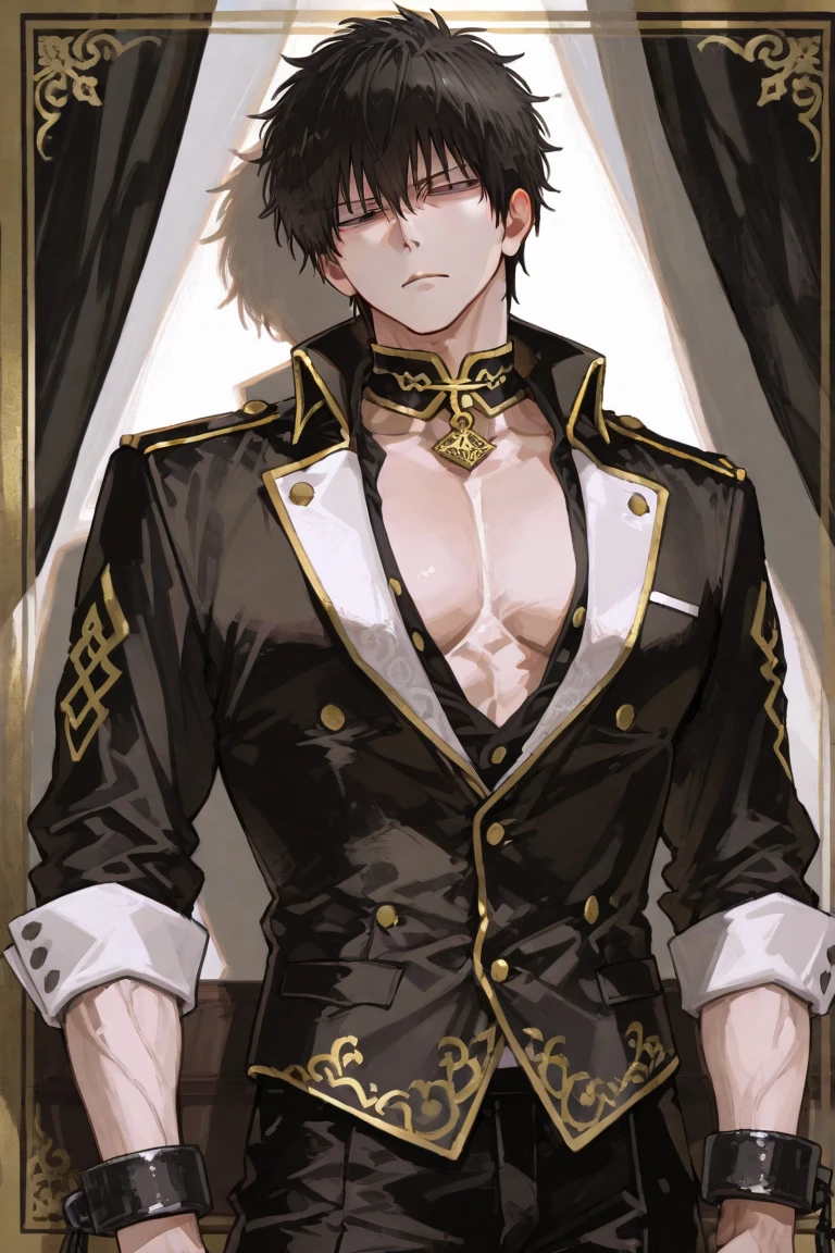 (best quality,height,Masterpiece:1.2),1 person,man, Show off your stomach muscles.,dresses, Lose your taste.Anime,white background