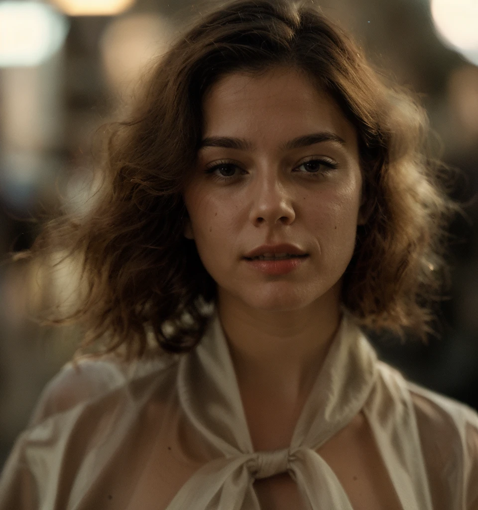 (1 woman, 26 years old, black hair, Mix out of 10% Miley Cyrus and 90% Monica Bellucci, 172cm height, 68kg weight, soft curly intense long red hair, clear green eyes, long dark black lashes, perfectly shaped dark black eyebrows, dark caramel tanned skin, slim and well-defined, elegant thin nose, small ears, full lips, white teeth, small soft ladylike hands, painted fingernails), (((wearing a pink joggingsuite with shirt:1.0))), (highly detailed face:1.4) (smile:0.7), (background inside dark, bar room:1.3), nikon d850, film stock photograph ,4 kodak portra 400 ,camera f1.6 lens ,rich colors ,hyper realistic ,lifelike texture, dramatic lighting , cinestill 800,