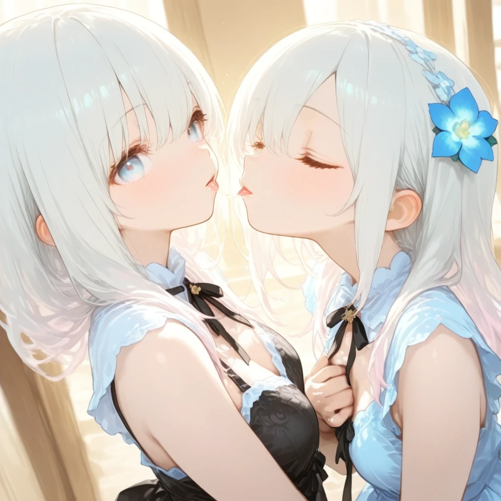 2 girl, hug tightly, nude, negligee, cleavage, white background, smail, incoming kiss, closed eyes,